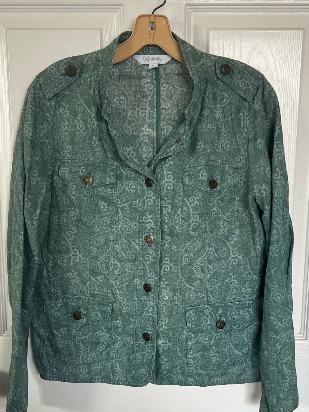 VTG Relativity Green Paisley Linen Utility Jacket Button Front Shacket M